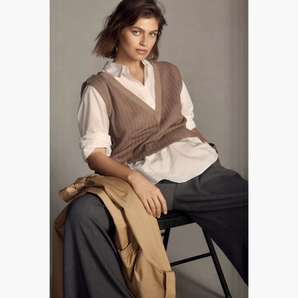 By ANTHROPOLOGIE‎ Twofer Sweater Vest Shirt Blouse Layered Brown White X-Small